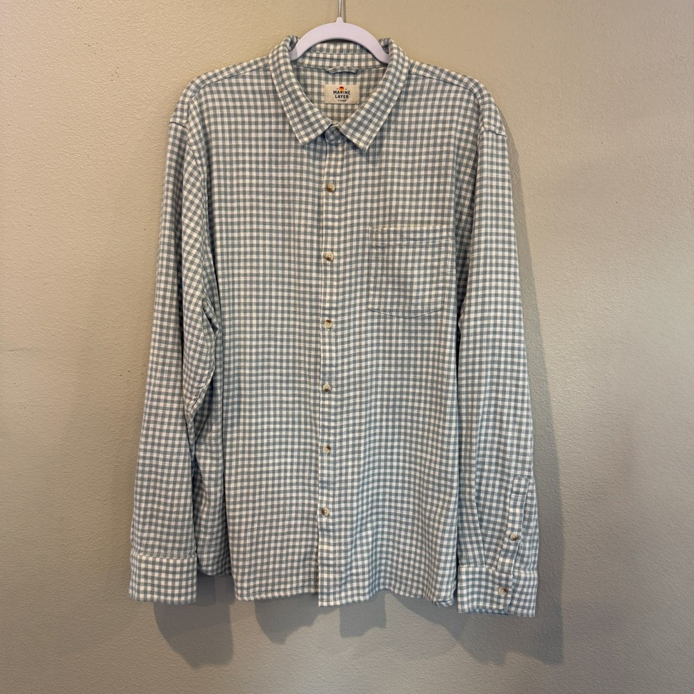 Marine Layer Mens XL Green White Gingham Long Sleeve Flannel Button Down Shirt